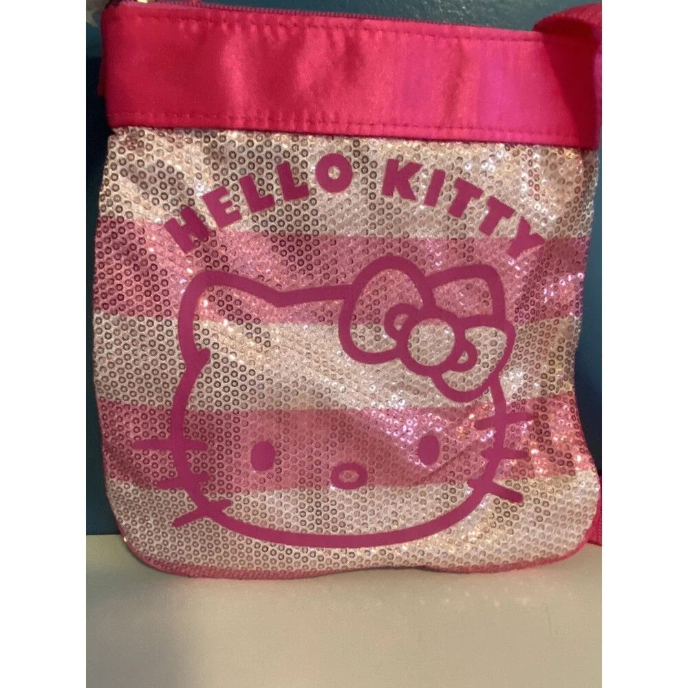 Hello Kitty Pink Stripe Sequined Girl's Crossbody Bag 2012 Adjust Strap NWT 8x8”